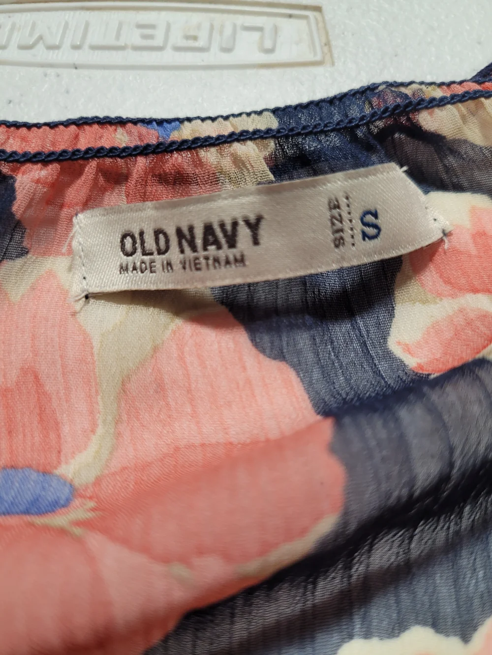Old Navy Navy Floral Sheer Peplum Blouse with Coral and Cream Flowers